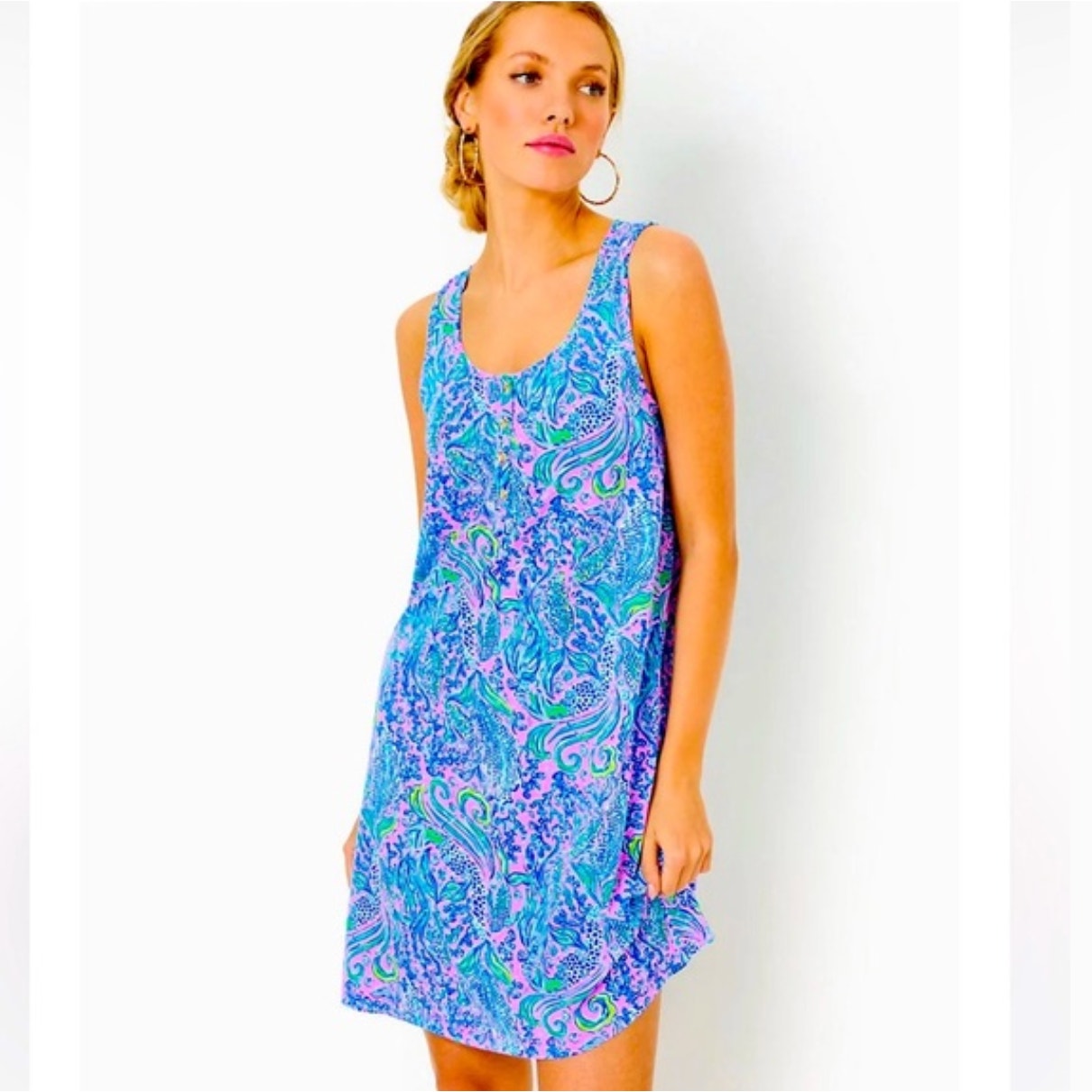 Lilly Pulitzer Lela Henley Tank Dress Xxs 2xs Nwot We Mermaid It Blue Pink Prep